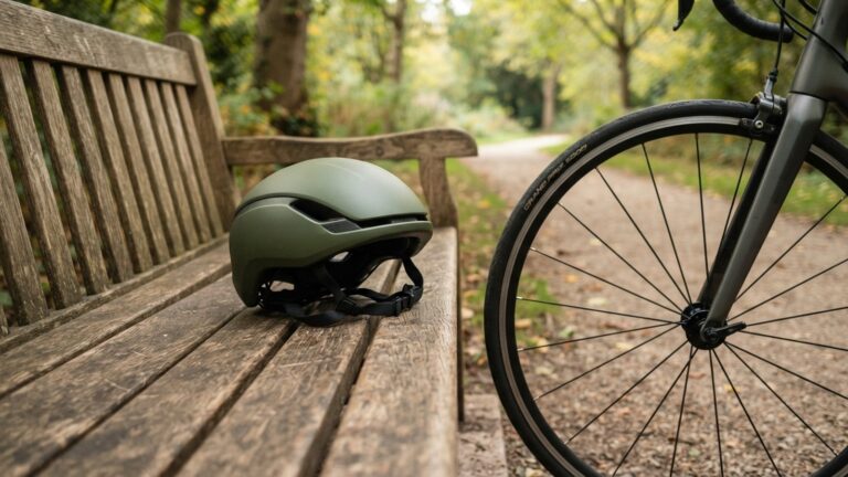 Cyklisticka prilba na drevene lavici