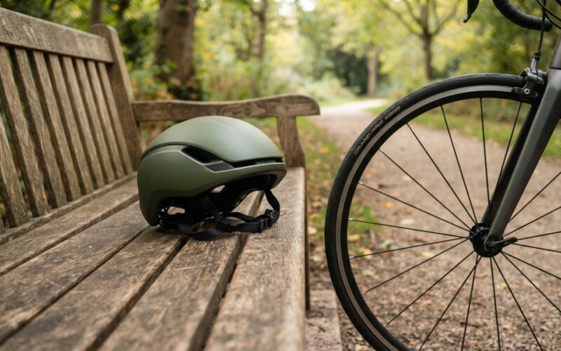 Cyklisticka prilba na drevene lavici