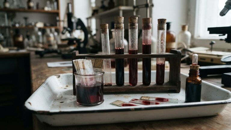 Stara laboratorni sklicka a zkumavky na bilem podnosu