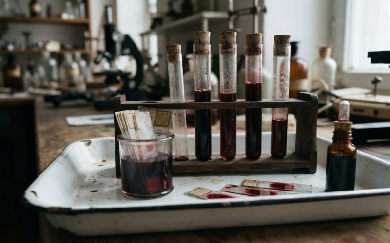 Stara laboratorni sklicka a zkumavky na bilem podnosu
