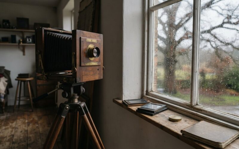 Stara deskova kamera u okna ateliéru