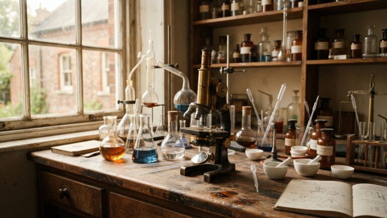 Sklenene bankty a mikroskop na laboratornim stole