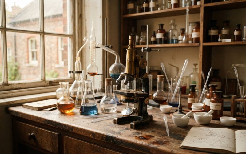 Sklenene bankty a mikroskop na laboratornim stole