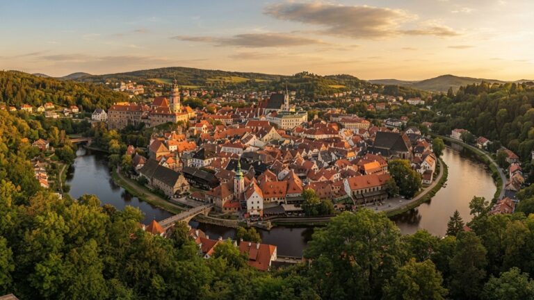 Panorama historickeho mesta s vezemi a cervenymi strechami