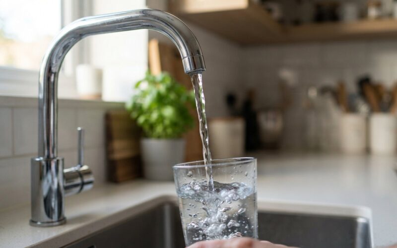 Cista voda tekouci z kuchynskeho kohoutku do sklenice