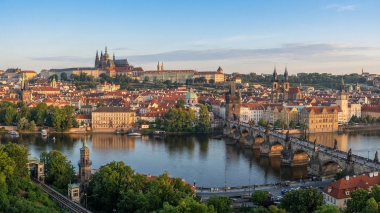 Panorama historickeho mesta s hradem nad rekou