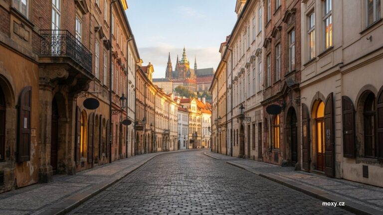 Prazdna dlazebni ulice v centru Prahy za usvitu