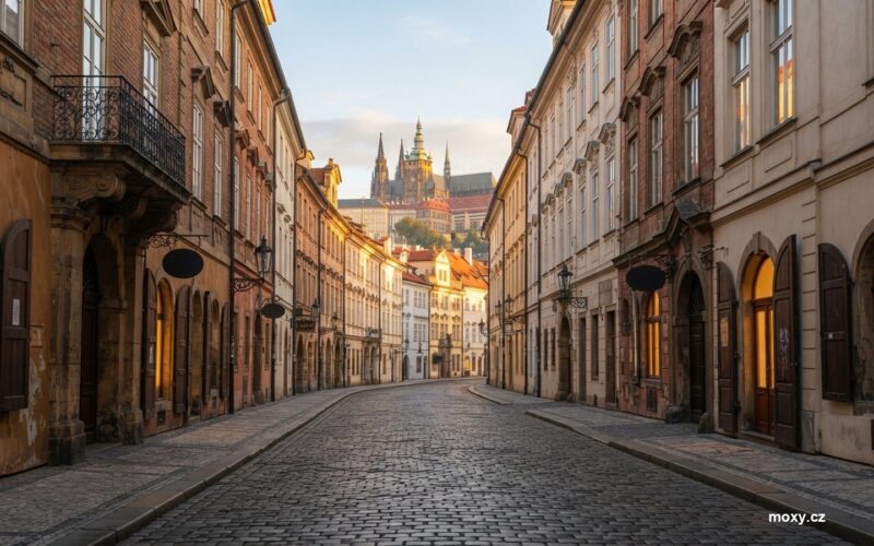 Prazdna dlazebni ulice v centru Prahy za usvitu