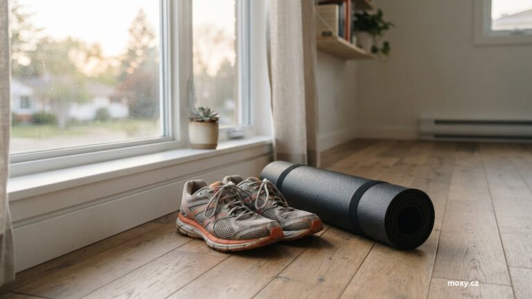 Běžecké boty a srolovaná podložka na dřevěné podlaze u okna
