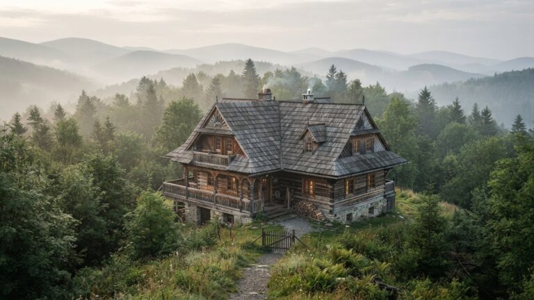 Drevena horska chata se sindelovou strechou na zalesnenem hrebeni v mlze