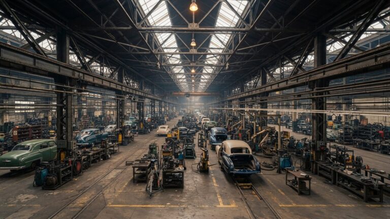 Montazni hala automobilky s ocelovymi vaznicemi