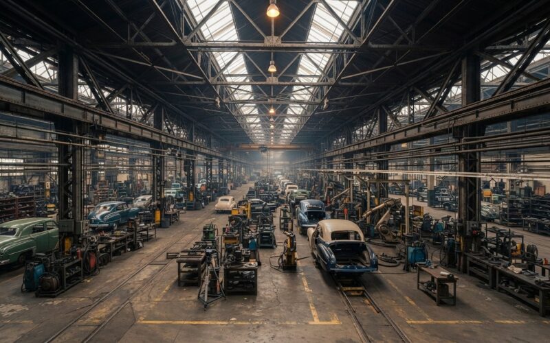 Montazni hala automobilky s ocelovymi vaznicemi