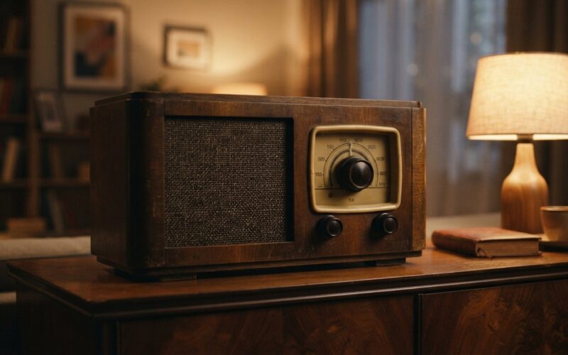 Historicky stolni radiovy prijimac na drevene komode