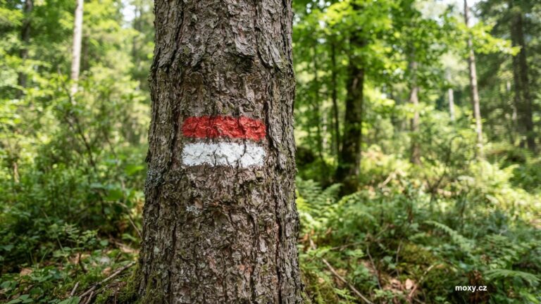 Turisticka znacka na kmeni stromu v lese