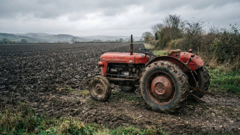 Stary cerveny traktor na kraji zoraneho pole