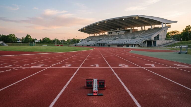 Prazdny atleticky stadion s cervenou drahou