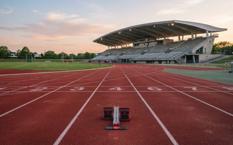 Prazdny atleticky stadion s cervenou drahou